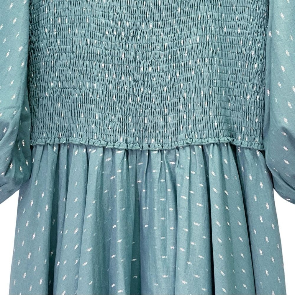 Abacaxi Eva Dress Teal Metallic Cotton Maxi Puff Sleeve Smocked Bodice Sz Large - Picture 13 of 16